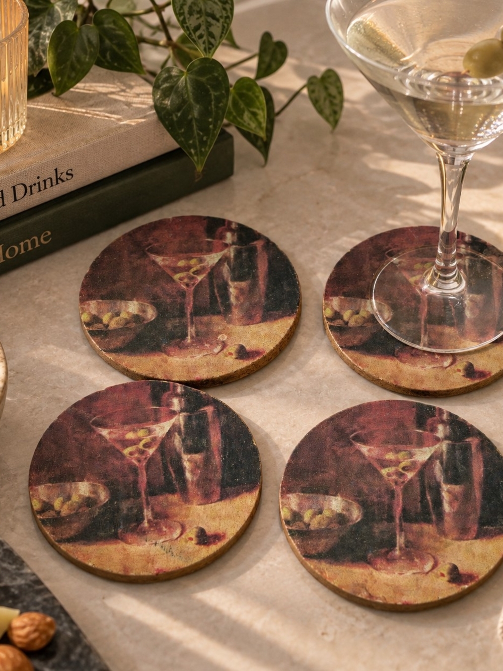 Vintage Thirtystone Cocktail Martini Cork Drink Coasters - Set of 4